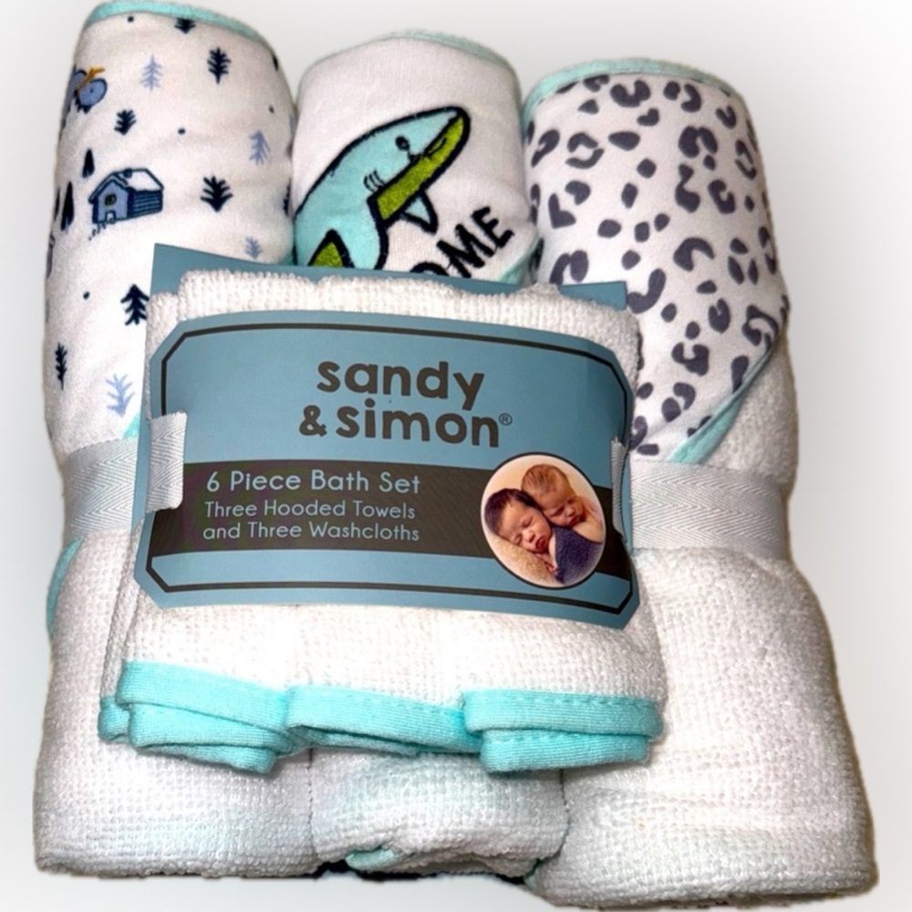 Sandy & Simon Baby Hooded Bath Towels and Washcloths Set 6 Piece NWT Baby Sharks
